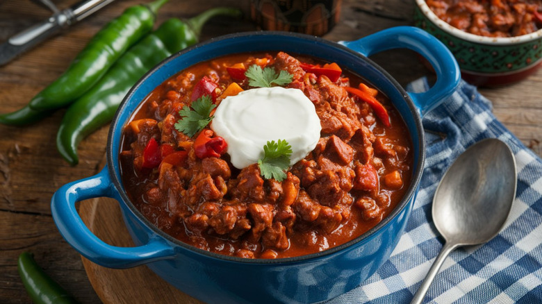 Hearty, spicy stew with tender chunks of beef, chili peppers, and robust spices, served without beans.