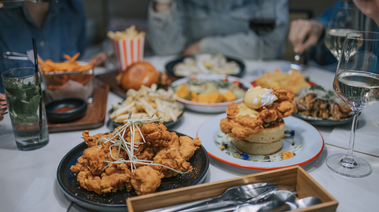 Array of fried foods on table