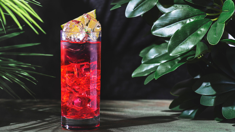 an El Diablo cocktail surrounded by tropical leaves against a dark backdrop