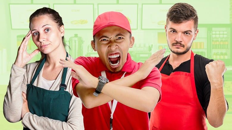 Three unhelpful fast food employees in aprons