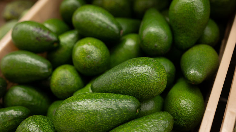 Avocados in bin at store