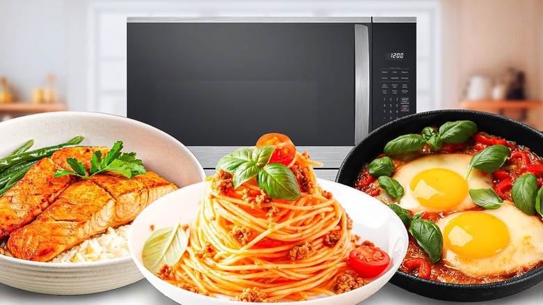 Bowls of cooked salmon, spaghetti, and shakshuka in front of a microwave