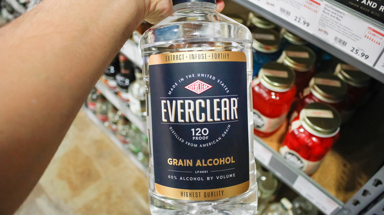 hand holding a plastic bottle of Everclear grain alcohol