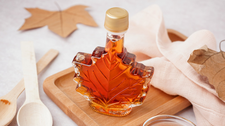 maple syrup in a leaf-shaped bottle