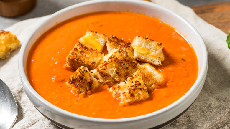Tomato soup with grilled cheese croutons