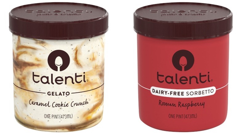 Two tubs of Talenti Caramel Cookie Crunch Gelato and Roman Raspberry Sorbetto on a white background.