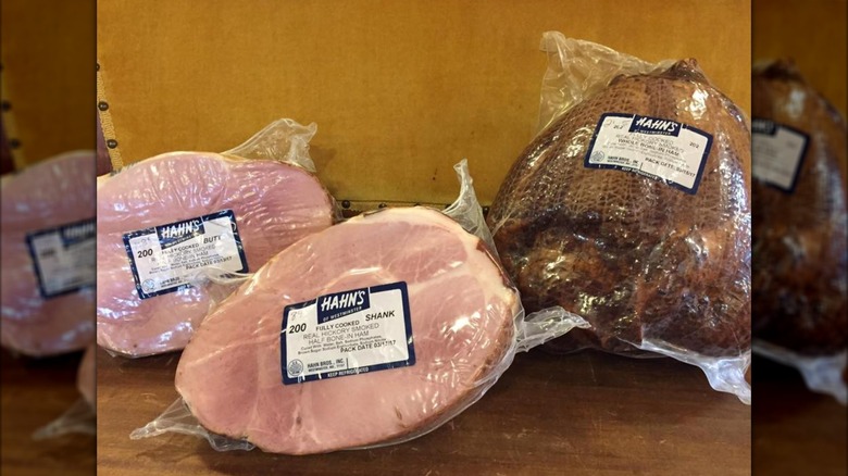 Packages of Hahn Brothers whole hams