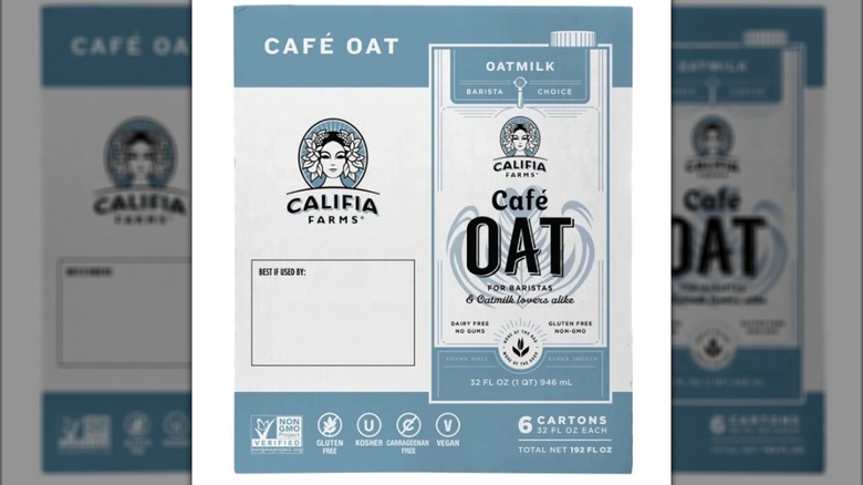 A six-pack container of Califia Farms Cafe Oat Milk