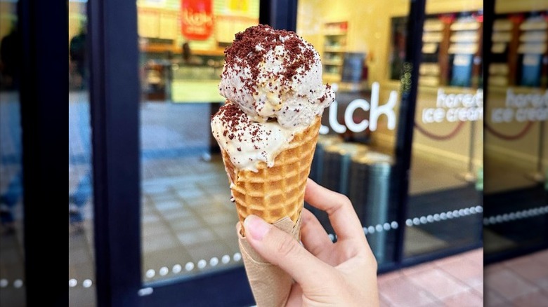 double scoop ice cream cone with chocolate powdered topping held in front of Lick Honest Ice Creams shop