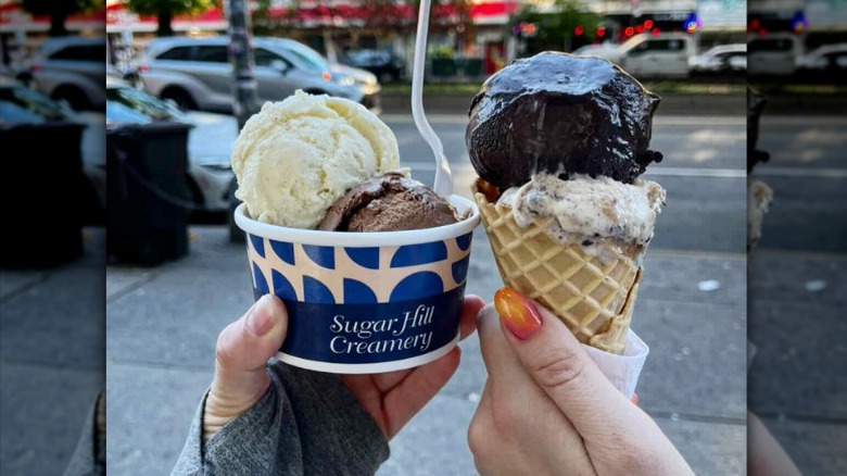 a cup with chocolate and vanilla ice cream and a cone with cookies and cream and charcoal ice cream scoops from Sugar Hill Creamery