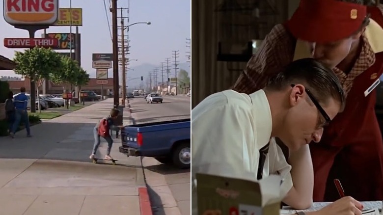 Marty McFly skates away from a Burger King, while his brother Dave kisses his dad on the head