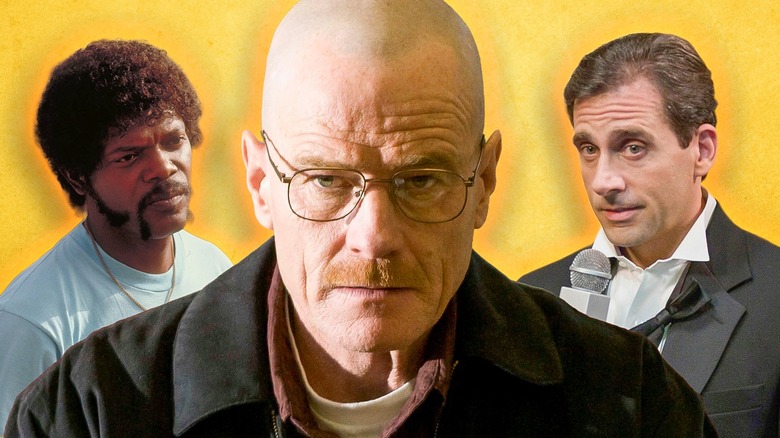 A composite photo featuring the faces of Samuel L. Jackson, Bryan Cranston, and Steve Carrell