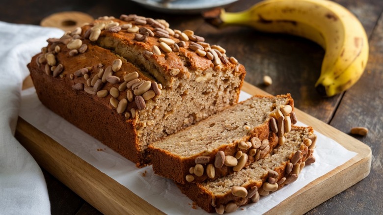 Banana bread with nuts on top