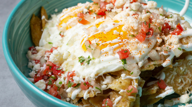 blue bowl filled with chilaquiles topped with an egg and covered in cotija cheese