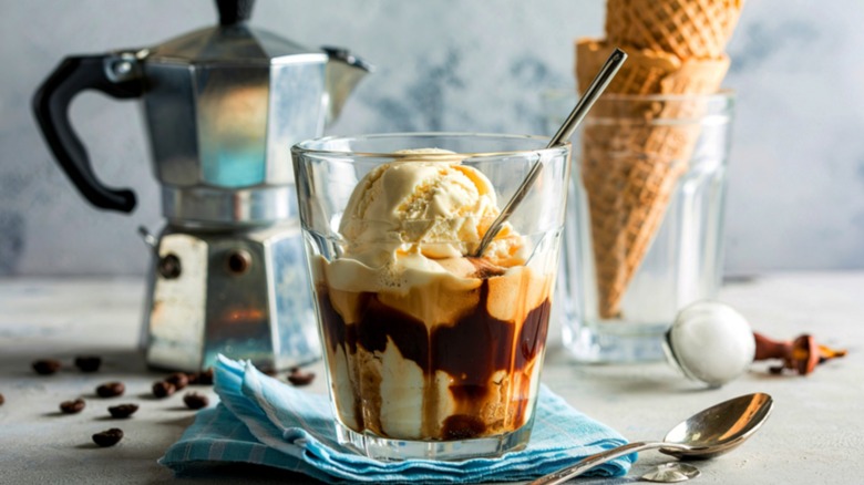A glass of affogato made with vanilla gelato and espresso