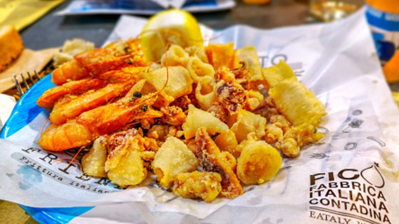 A plate of traditional Italian fritto misto mixed seafood fry