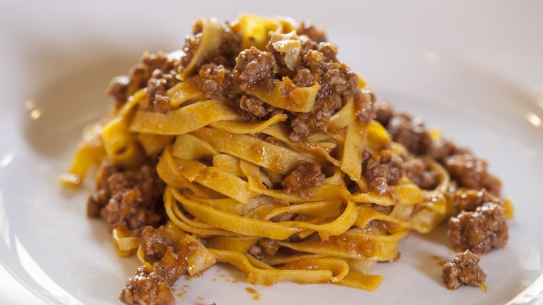 Traditional Italian dish of tagliatelle pasta with ragu sauce
