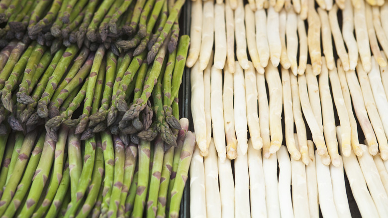 Green and white asparagus displayed together