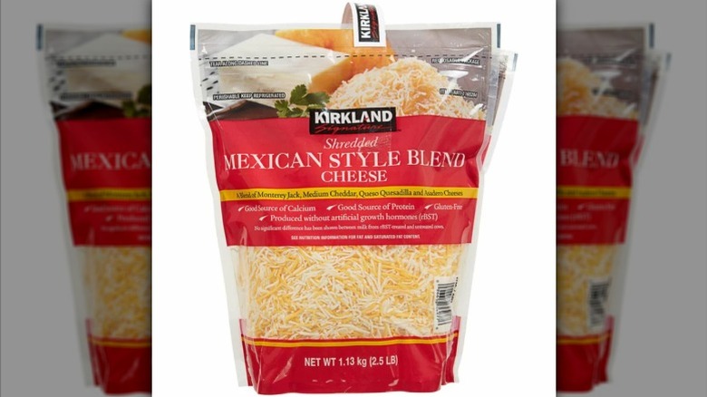 The bags of Kirkland Signature Shredded Mexican Style Blend Cheese