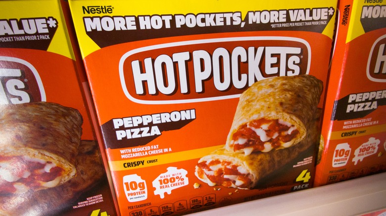 Box of pepperoni pizza hot pockets