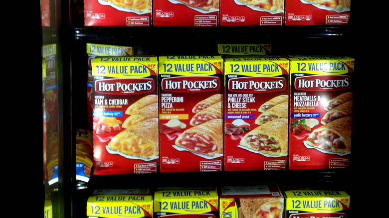 Boxes of hot pockets in freezer