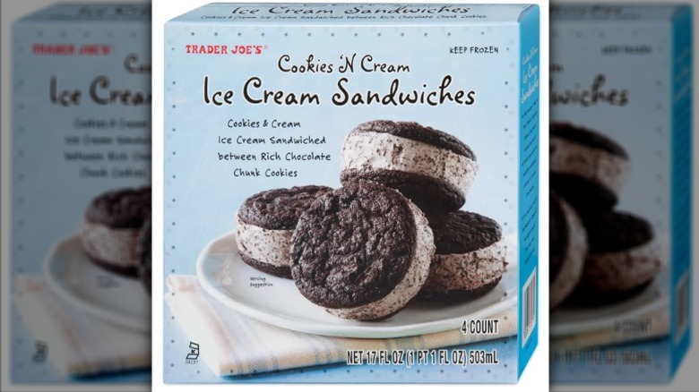 box of Trader Joe's Cookies 'N Cream Ice Cream Sandwiches