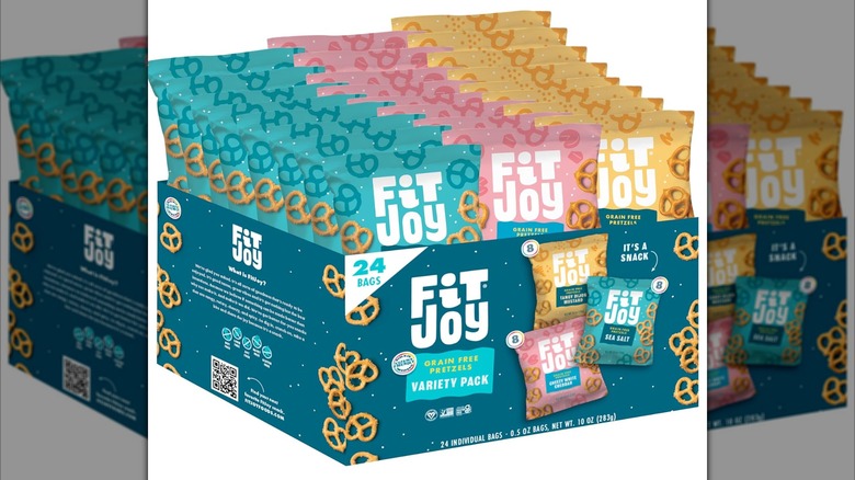 A 24-count variety pack of FitJoy grain free pretzels isolated on a white background