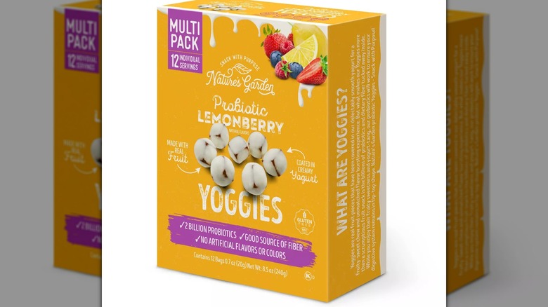 A box of Nature's Garden Probiotic Lemonberry Yoggies isolated on a white background