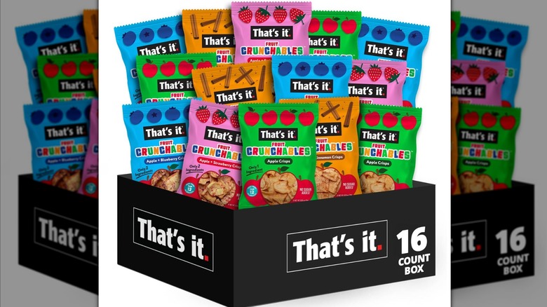 A 16-count variety pack of That's it. Fruit Crunchables showing 4 different flavors isolated on a white background