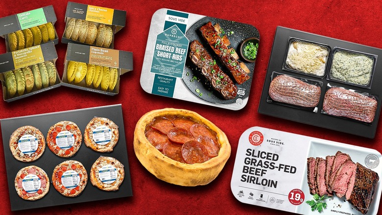 Assorted premade food items from Costco on a red background.