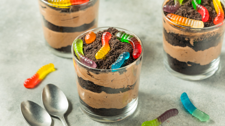 Dirt cups topped with gummy worms