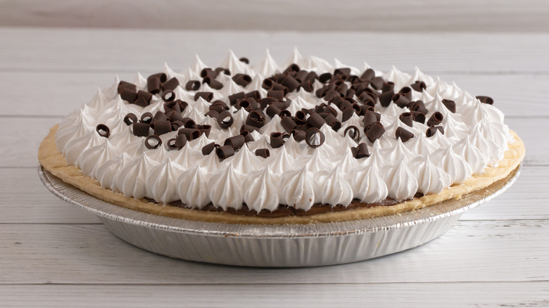 French silk pie on white table