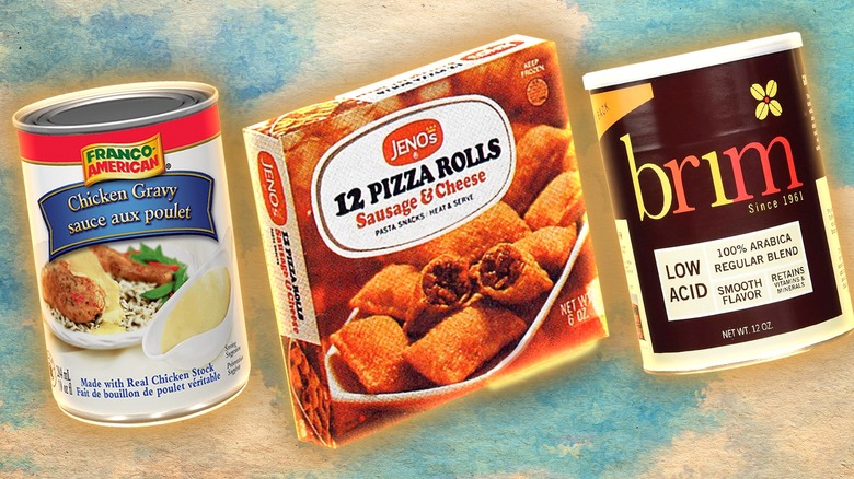 Can of Franco-American gravy, box of Jeno's pizza rolls, and Brim coffee