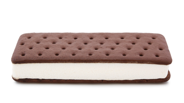 Close-up of unwrapped classic vanilla ice cream sandwich