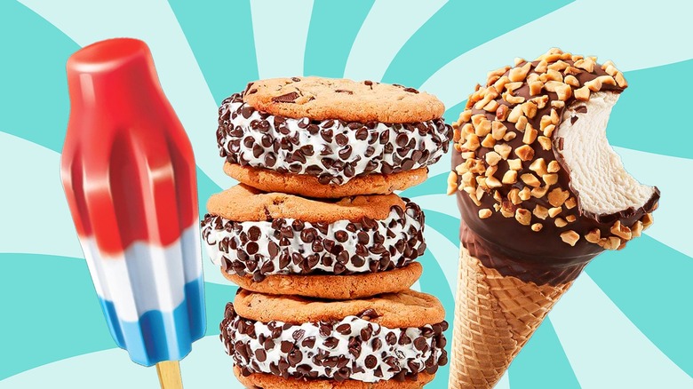 Bomb Pop, a stack of Chipwiches, and a Drumstick ice cream