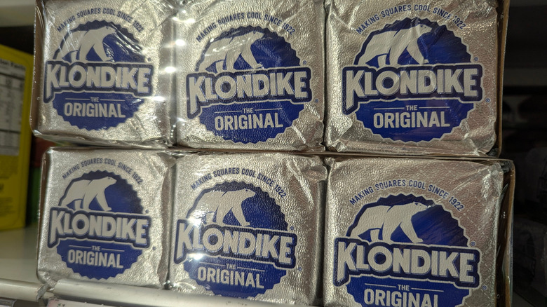 Two boxes of Klondike ice creams bars on shelf with Polar Bear logo shown