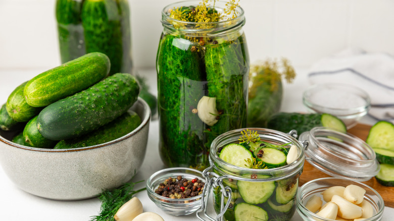 cucumbers in jar, black pepper, garlic, dill