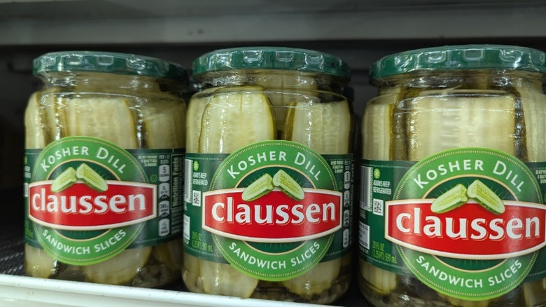 Jars of Claussen kosher dill pickles.