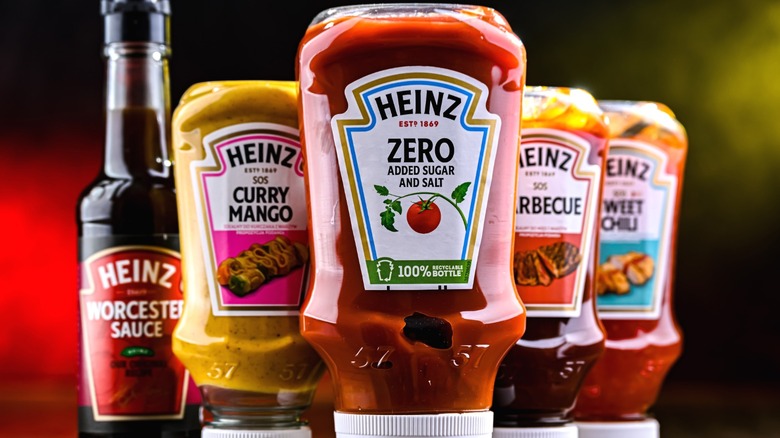 Various bottles of Heinz sauces.