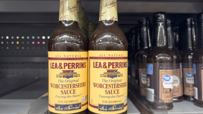 Two bottles of Lea & Perrins worcestershire sauce on sale.