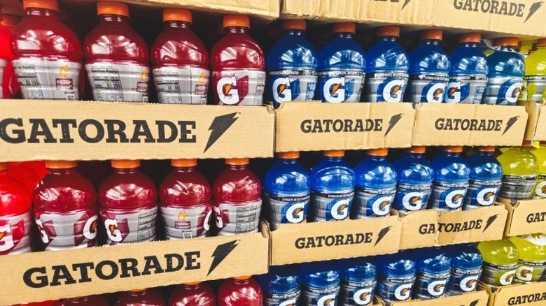 Boxes of Gatorade on a shelf.