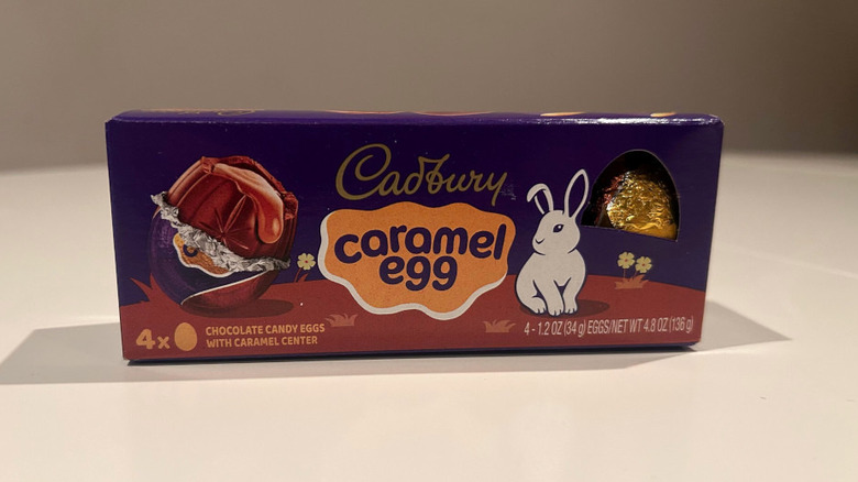 Cadbury Caramel Egg on a white countertop