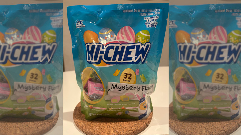 Hi-Chew Easter candy package on a cork coaster