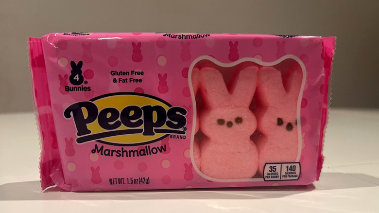 Peeps Marshmallows packet standing on a white counter