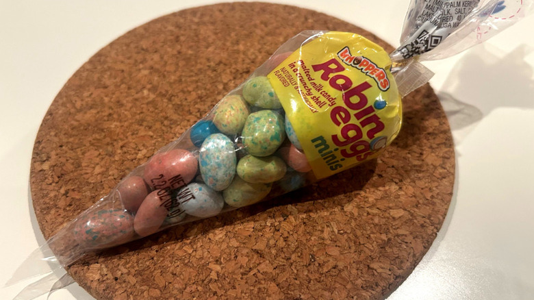 Whoppers Robin Egg Minis on a coaster on a tabletop