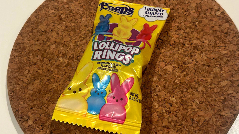 Peeps Lollipop Rings on a cork board