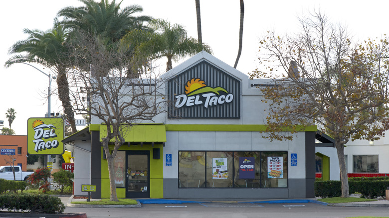 A line of tacos with shredded meat, radishes, and cilantro on a wooden serving platter.
