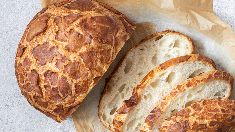 Sliced loaf of dutch crunch bread
