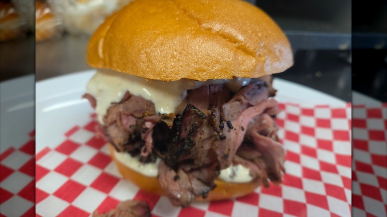 Pit beef sandwich at Flaming Pig BBQ