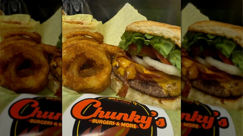 A burger and onion rings at Chunky's Burgers